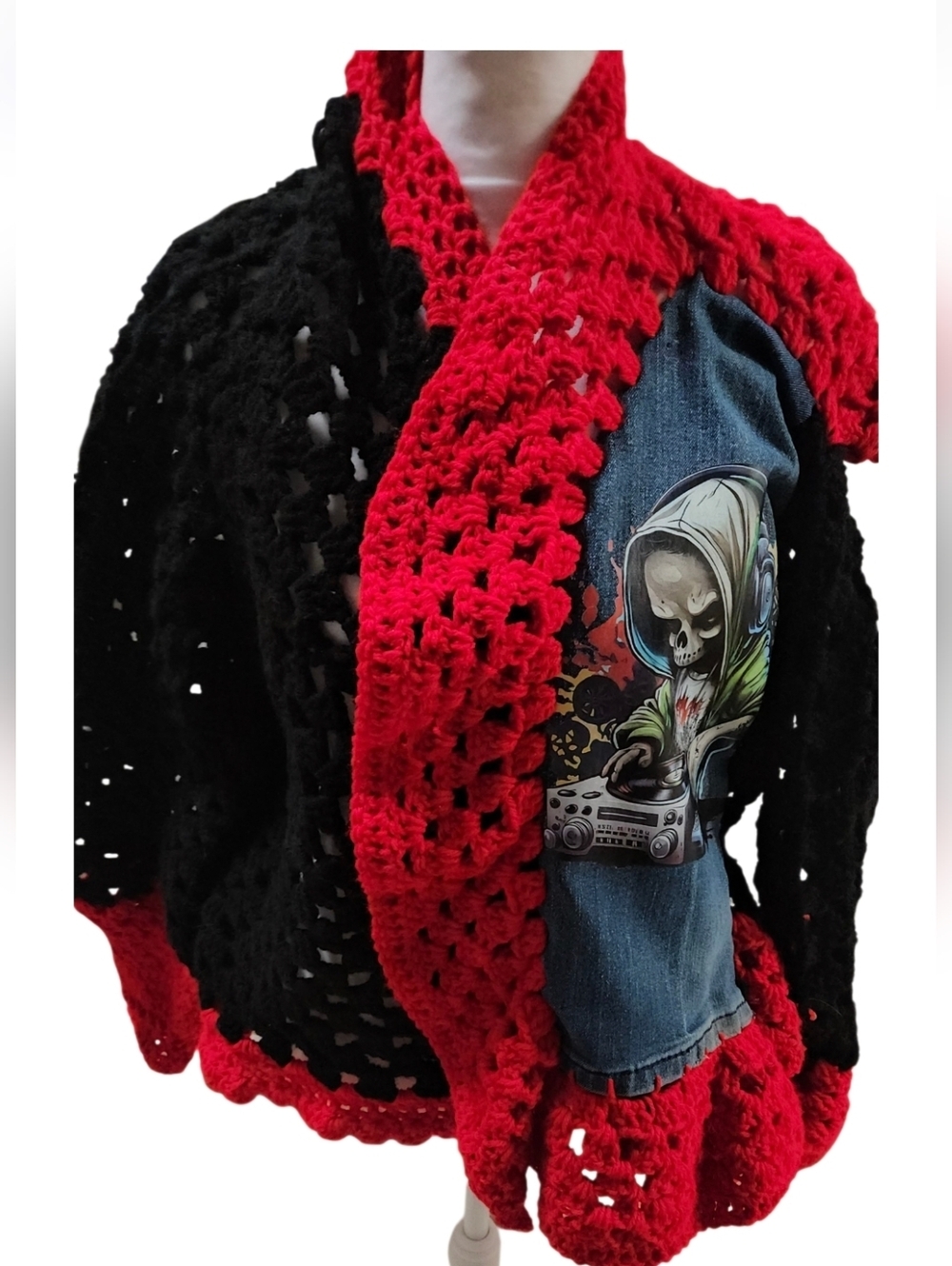 Women Granny Square Punk Cardigan Skull DJ Upcycled Denim Crochet Jacket Boho